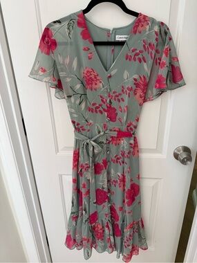 Calvin Klein Sage Green Midi Dress with Pink Floral Print